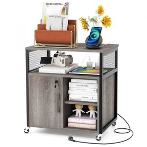 COSTWAY Caisson Bureau avec Porte et Armoire Lat&eacute;rale Etag&egrave;res R&eacute;glables Cadre M&eacute;tallique Station de Charge 60x44x66 cm Gris