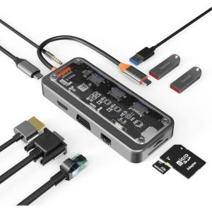 HUB USB C - FANTEC - Adaptateur 10 en 1 - HDMI 4K - VGA - Ethernet RJ45 - SD/TF