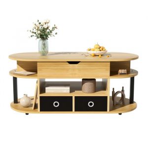 Table basse moderne en grain de bois avec fonction de levage espace de rangement et tiroir en tissu noir &ndash; polyval