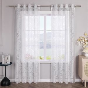 HONGYA 1pcs Rideau Voilage transparent D&eacute;vor&eacute; fenetre motif Roses pour chambre-cuisine-salon argent &OElig;illets L-H 140 x 175 cm