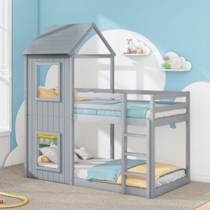 KoDise Lit superposé 90x200 cm Lit enfant Lit ado - avec échelle et barrières de sécurité - sommier à lattes en bois - gris