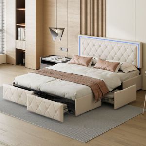 Lit Coffre 160x200 cm T&ecirc;te de Lit avec LED Tissu en PU Cuir 4 Tiroirs de Rangement Lit Adulte avec Sommier &agrave; Lattes Blanc
