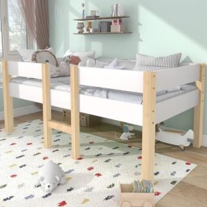 Lit mi-hauteur enfant 90 x 190 cm - Bois de pin massif - Sommier à lattes inclus - Blanc-Bois