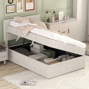KoDise Lit coffre 90x200 cm - Lit enfant avec t&ecirc;te de lit capitonn&eacute;e et sommier &agrave; lattes en bois - lin beige - sans matelas