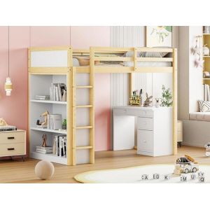 Lit mezzanine - Naturel - 90x200cm - Bois massif - Avec bureau et rangement - 1 place