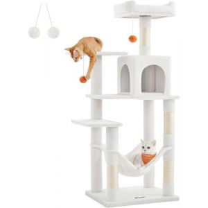 Arbre À Chat Hauteur 143 Cm Tour De Jeux Pour Chats Avec 4 Poteaux À Griffer 2 Plateformes 1 Niche 1 Hamac 2 Pompons En T