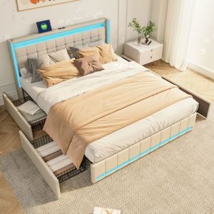 Lit tiroir 140 x 190 cm Lit adulte 140 x 190 cmLit double 140 x 190 cm LED t&ecirc;te/pied + 4 Tiroirs + USBTissu en linBeige