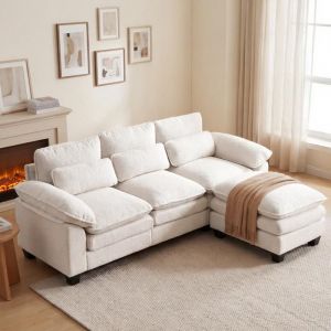 Canap&eacute; dangle convertible 226*76*88cmcoussins doubles canap&eacute; en L avec pouf r&eacute;versible canap&eacute; en velours Teddy 3 places beige