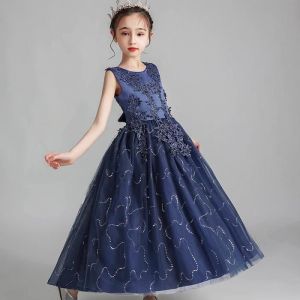 Robe de Soirée de Mariage Fille Sans Manches en Tulle Robe Princesse Cérémonie Pour 4-14 Ans - Bleu marine