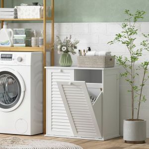 Meuble salle de bain avec panier &agrave; linge armoire salle de bain en bois portes persiennes 2 paniers 70 x 38 x 73 cm blanc