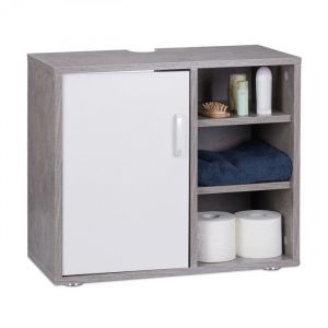 Relaxdays Dessous de Lavabo 1 Porte Placard Salle de Bain 3 Étagères Meuble sous Vasque WC SDB 51x60x32cm Gris
