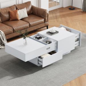Table Basse Blanche Extensible Table Basse Carrée Moderne avec Plateau CoulissantTables Basses de Salon avec 4 Tiroirs90x55x45cm