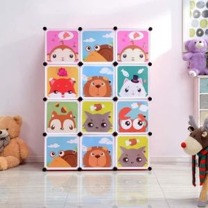 Armoire de Chambre Enfant 12-Cube avec Motifs danimaux - Rose - Penderie Modulable Meuble &Eacute;tag&egrave;re de Rangement