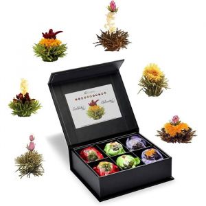 Coffret Cadeau &Eacute;l&eacute;gant avec 6 Fleurs de Th&eacute; dans Bo&icirc;te Magn&eacute;tique Th&eacute; Blanc Noir et Vert pour D&eacute;gustation et D&eacute;coration