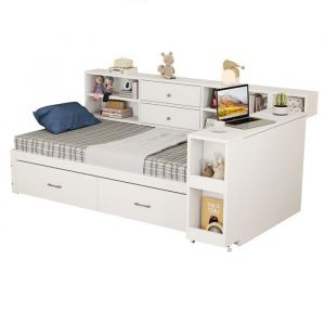 Canap&eacute;-Lit Bois Blanc 90x200 avec Bureau Escamotable Rangement Tiroirs &Eacute;tag&egrave;res et Prise Int&eacute;gr&eacute;e Sans Matelas