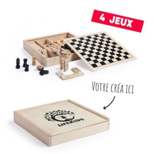 Boite de jeux de societe à personnaliser - Malette de jeux de societe classique avec Mikado, Echecs, Dames & Dominos [Jeux en bois]