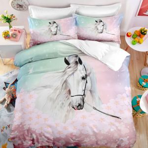 Parure de lit - MOUTON MAISON DECO - Cheval fleurs de cerisier coeurs pois &eacute;toiles - Rose blanc vert - Microfibre - 150*200 cm