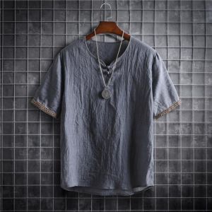 Chemise d&eacute;t&eacute; - FUNMOON - Manches courtes - Col V - Drap fin - Coton et lin