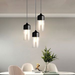 SNOGOLD 3x Lustre Suspension Industriel E27 Luminaire Moderne - Ø13 * H33cm - Abat-jour Cylindre Allongé en Verre Noir/Transparent