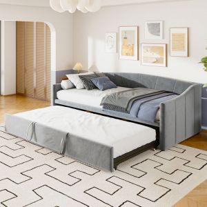 Lit Gigogne 90x200 cm avec roulettesCanapé-Lit extensible avec sommier à lattes2 in 1 Lit SimpleLit BanquetteTissu VeloursGris