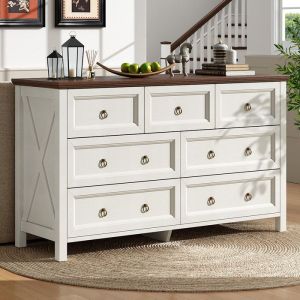 Buffet blanc vintage 7 tiroirs poignées aluminium plan noyer pour salle à manger chambre salon