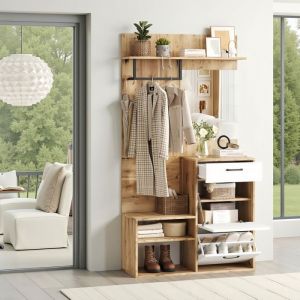 Ensemble Meuble dEntr&eacute;e Complet 100cm Banc Miroir Tiroir et Range-Chaussures Blanc Brillant et Bois