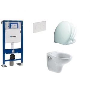 Pack complet WC suspendu - GEBERIT - Brive - Abattant Siamp Vallauris - Plaque Delta blanche - Autopartant