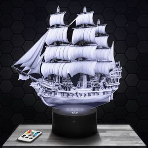 Lampe 3D - Bateau Pirate - Jouet Miniature Cadeau Bateau Pirate - Veilleuse Led Tactile avec socle au choix et t&eacute;l&eacute;commande