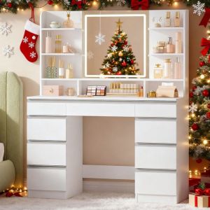 Grande Coiffeuse avec &Eacute;clairage LED 3 Couleurs Luminosit&eacute; R&eacute;glable Miroir 9 Tiroirs 9 &Eacute;tag&egrave;res Ouvertes Blanc-Argent
