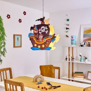 Suspension chambre denfant - HOFSTEIN - Ayer - M&eacute;tal blanc - Abat-jour bois multicolore - 2xE27 28W