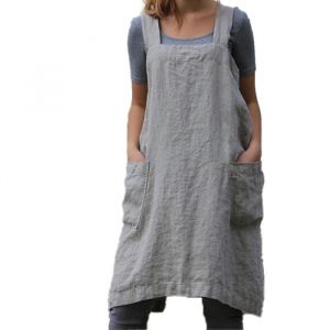Tablier en coton et lin Tablier à dos croisé pour femme avec poches Robe chasuble pour la cuisson au four