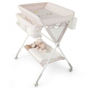 Table à Langer pour Bébé COSTWAY-Pliable-Hauteur Réglable 3 Niveaux-Poubelle-Panier de Rangement-Étagère-Roue Verrouillable-Beige