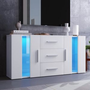 Blanc-Meuble TV LED Blanc Brillant Moderne - Commode 2 Portes 3 Tiroirs - Buffet Bas Salon Meuble de Salle &agrave; Manger blanc BUFFET