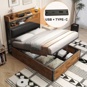 Lit 1 Place avec Ports USB Lit Coffre 90x200 avec Sommier et Rangement T&ecirc;te de Lit Capitonn&eacute;e Lit Simple Adulte Ado Bois+Noir