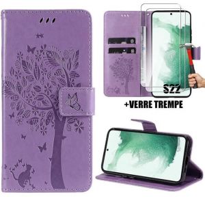 Coque + 2 Verres Trempés pour Samsung Galaxy S22 Protection Cuir PU Violet avec Motif Chat Arbre Papillon