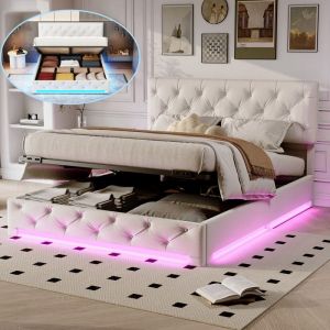 Lit Coffre 140x200 avec LED et T&ecirc;te de Lit Capitonn&eacute;e R&eacute;glable HautRangement HydrauliqueLit Double avec SommierLin Blanc