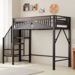 Lit Mezzanine Enfant 90x200cm avec Escalier de S&eacute;curit&eacute;Lit Mezzanine 1 Place avec Design de Fen&ecirc;tre M&eacute;tal Noir