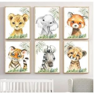 Set de 6 Toile Animaux Bebe Jungle Tropicale Affiche Safari Chambre Enfant Poster Tableau Murale Decoration 20*30cm sans Cadre