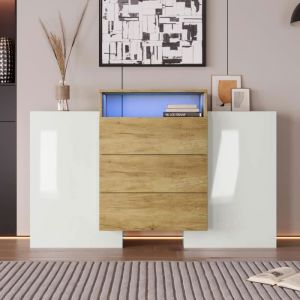 Commode-buffet - MISNODE - 140 cm - Blanc brillant et bois - Éclairage LED multicolore - Design contemporain