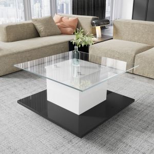 Table Basse Verre-table basse en verre brillanttable basse mobile-roulettes pivotantes Table Basse Carr&eacute;e LED R&eacute;glable-Noir Blanc