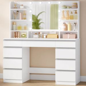 Grande Coiffeuse avec &Eacute;clairage LED 10 Boules Lumineuses LED 3 Couleurs Luminosit&eacute; R&eacute;glable Miroir 9 Tiroirs Blanc-Argent