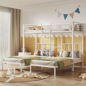 DRIPEX lit superposé triple 200×90cmLit triple en fer avec barrière antichute et table pour enfants et adolescentsBlanc