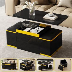 Table Basse Relevable Double Extensible avec Pouf Plateau Noir Laque Brillant Table Basse Salon Moderne avec Tiroir 100x50x43 cm