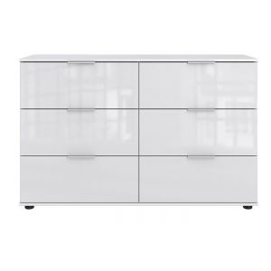 Commode meuble de rangement &agrave; 6 tiroirs coloris blanc verre blanc - Longueur 130 x Hauteur 83 x Profondeur 41 cm