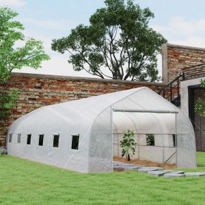 Serre de jardin tunnel grande taille avec b&acirc;che PE cadre en acier porte enroulable et 12 fen&ecirc;tres 8 x 3 x 2 m blanc