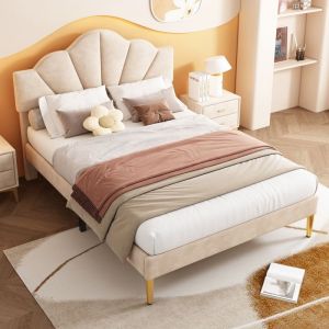 Lit double 140&times;190 cm 2 personnes Velours pieds en fer dor&eacute; t&ecirc;te de lit r&eacute;glable en hauteur beige Beige