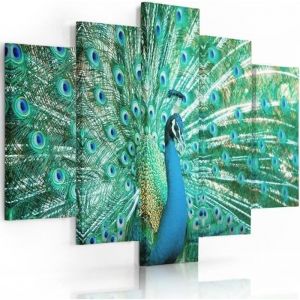 Tableau Décoration Murale Paon Animal 5 Parties 200x100 cm XXL Impression sur Toile pour la Maison Salon