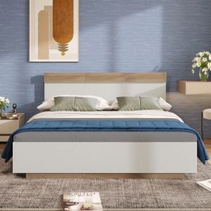 KODISE Lit double en bois 160x200 cm Lit adulte - Cadre de lit et sommier à lattes - Chêne et blanc - sans matelas
