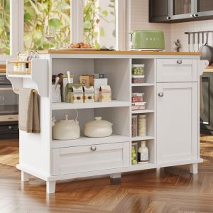Desserte de cuisine à roulettes 129×46×92cm Chariot Îlot de cuisine  avec plan de travail 2 tiroirs 1 porte 6 compartiments - blanc
