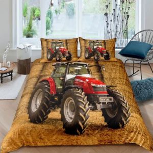 Parure de lit - MOUTON MAISON DECO - Tracteur et foins - Jaune rouge noir - Microfibre- 220x240 cm